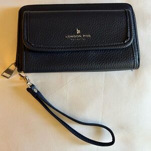 London Fog Navy Pebbled Leather Wristlet